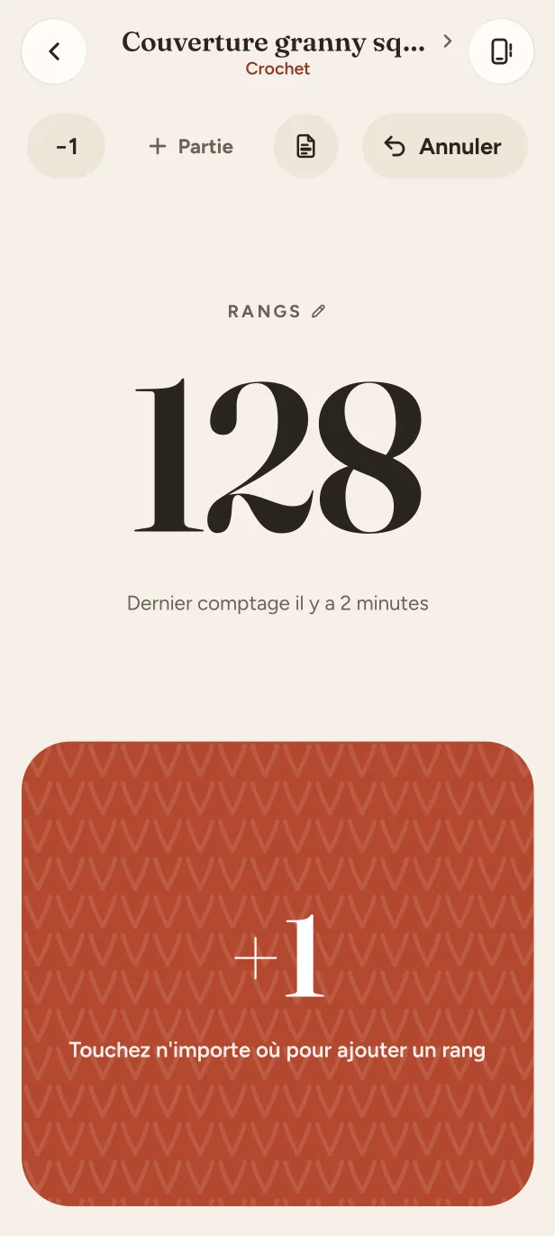 Le compteur d'un projet au crochet à 128 rangs, avec une grande zone +1.
