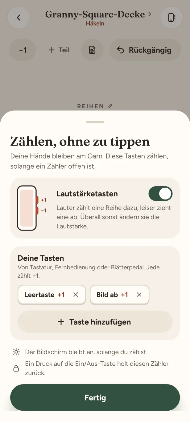Zählen, ohne zu tippen: Lautstärketasten eingeschaltet und zwei eigene Tasten, die jeweils +1 zählen.