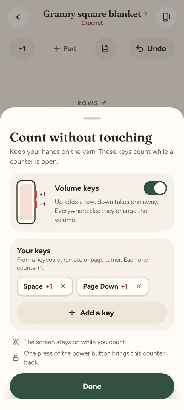 Counting without touching: the volume keys switched on, and two keys of your own that each count +1.