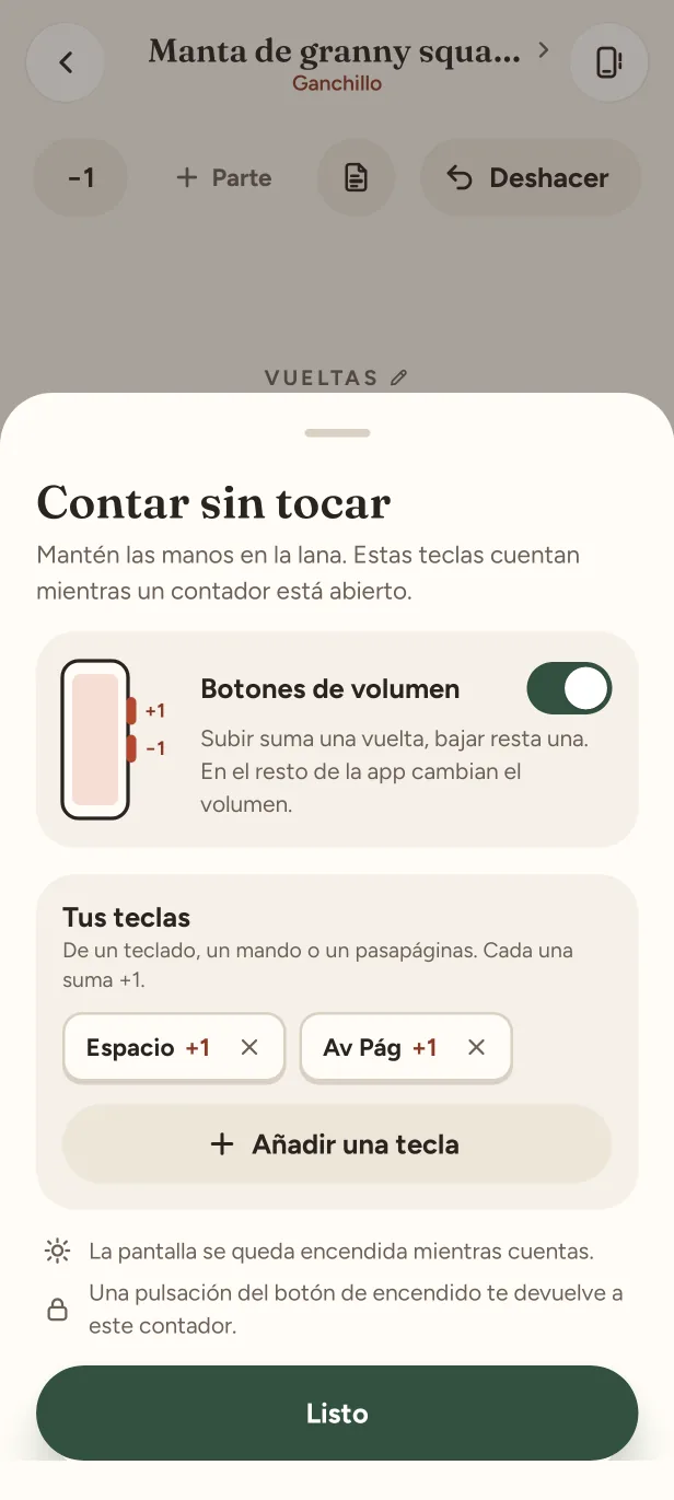 Contar sin tocar: los botones de volumen activados y dos teclas propias que suman +1 cada una.