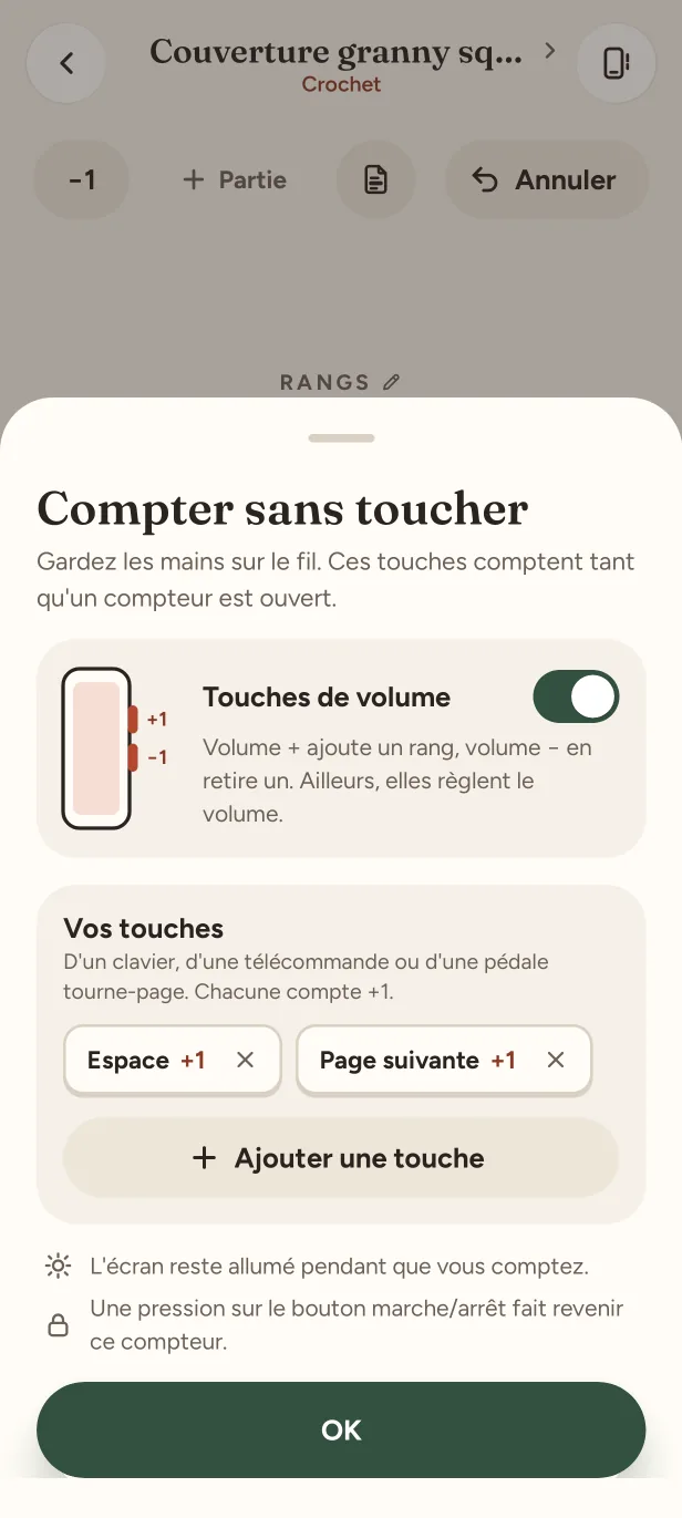 Compter sans toucher : les touches de volume activées, et deux touches choisies qui comptent chacune +1.