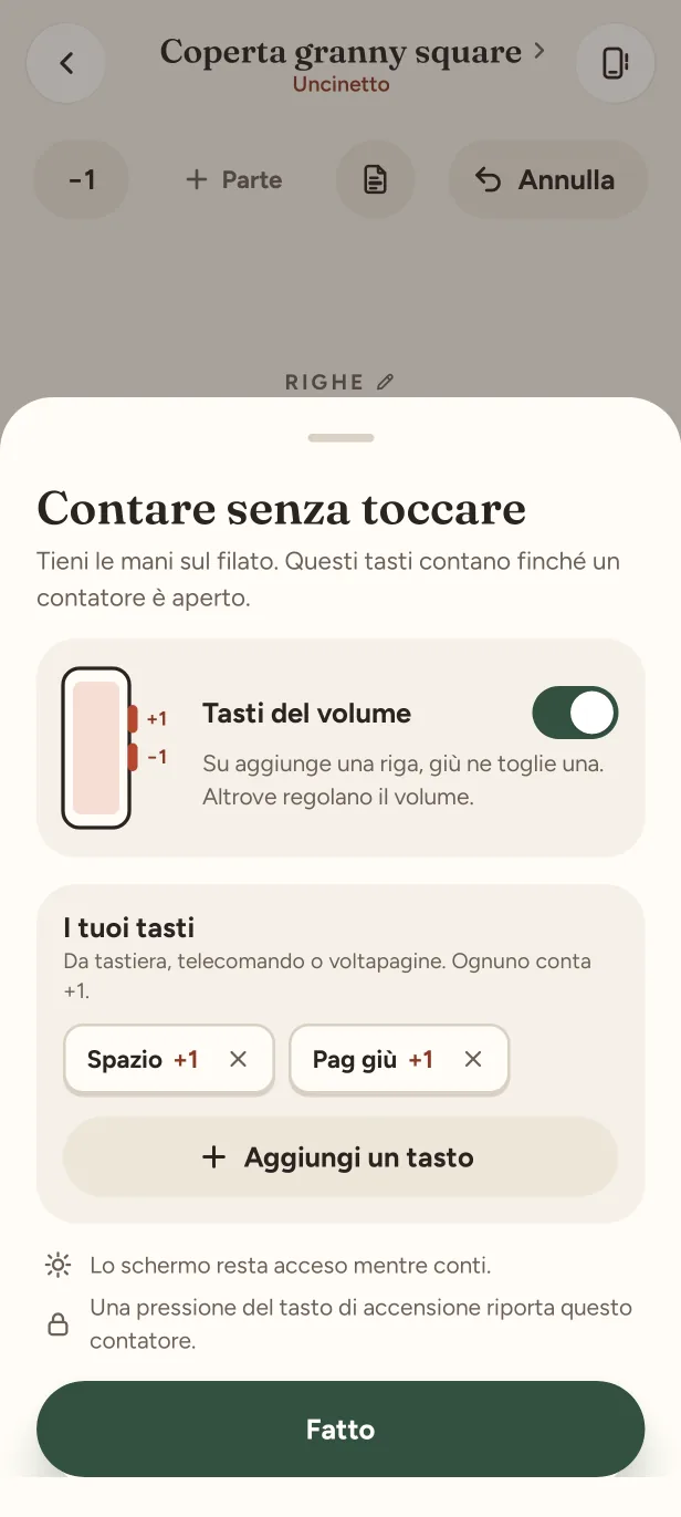 Contare senza toccare: i tasti del volume attivi e due tasti tuoi che contano +1 ciascuno.