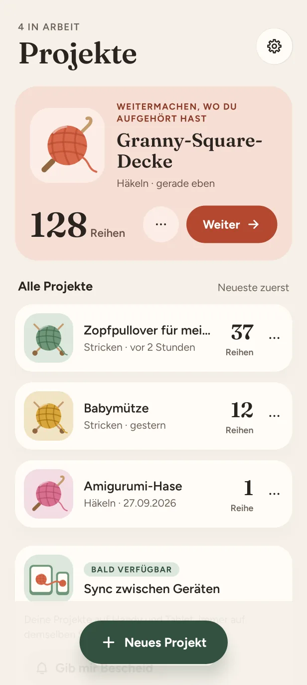Die Projektliste: ein Projekt bei 128 Reihen zum Weitermachen und drei weitere.
