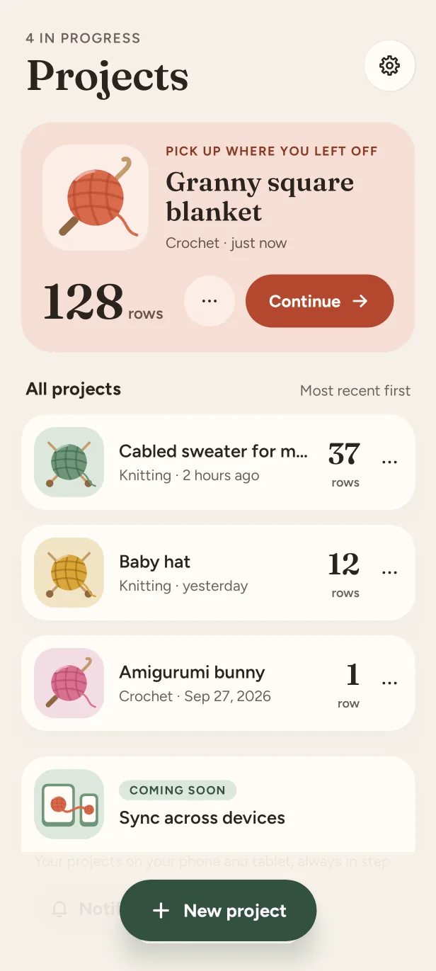 The projects list: one project to pick up at 128 rows, and three more.