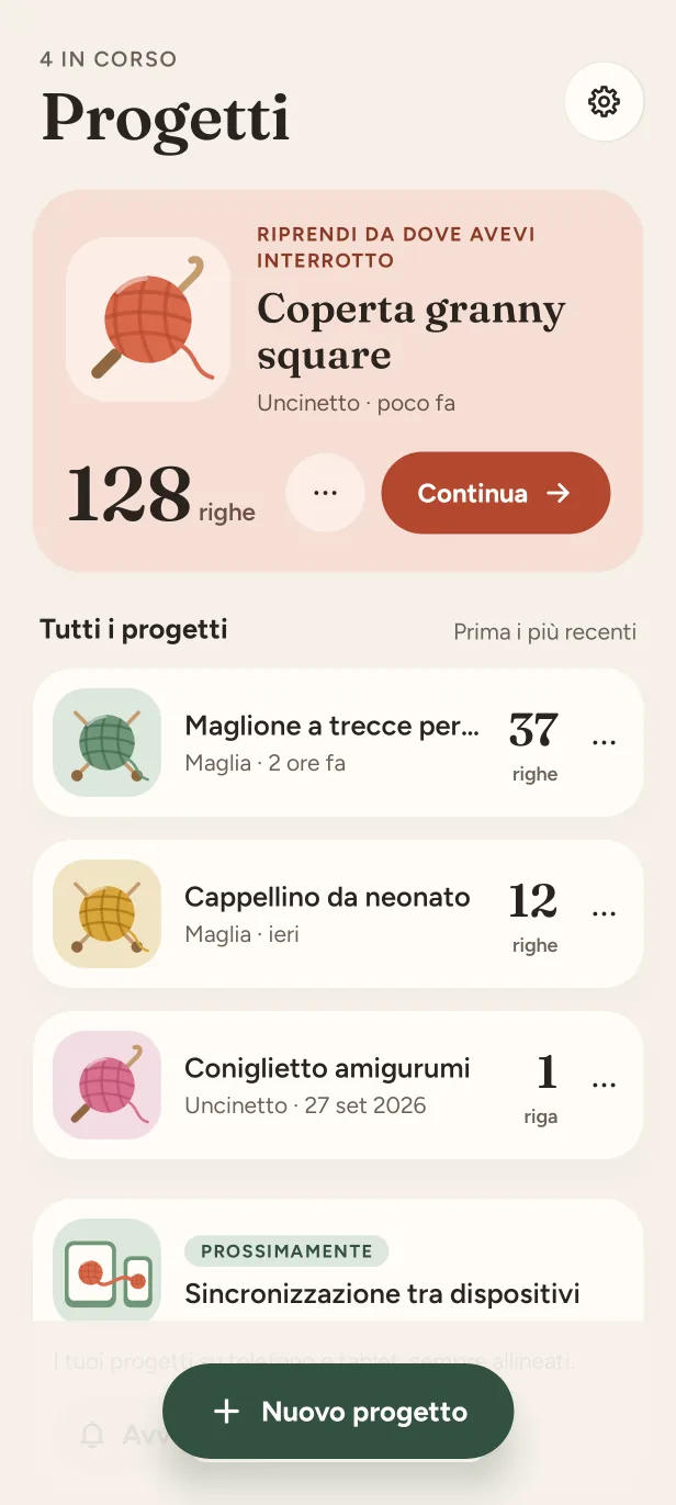 L'elenco dei progetti: un progetto da riprendere a 128 righe e altri tre.